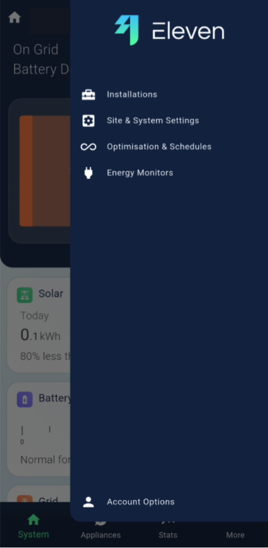 Eleven app menu showing Site & System Settings