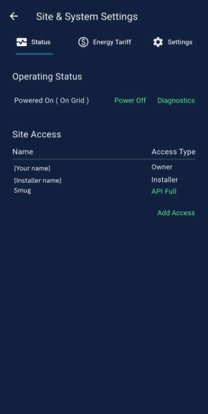 Eleven Site & System Settings status tab showing Site Access