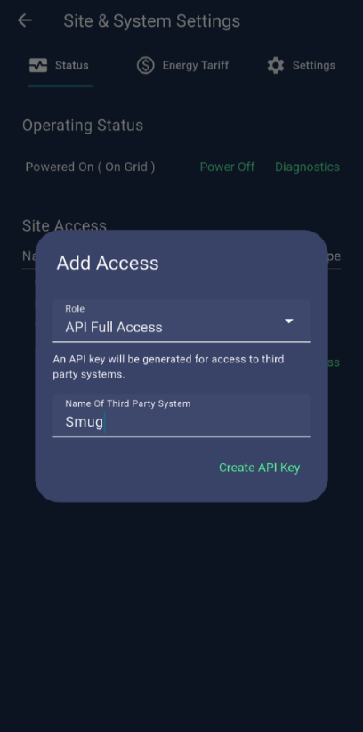 Eleven Add Access dialog with API Full Access role and Smug as the third party system