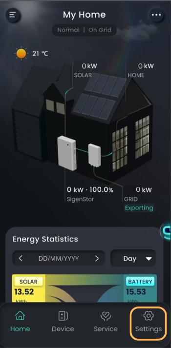Sigenergy app home screen with Settings highlighted