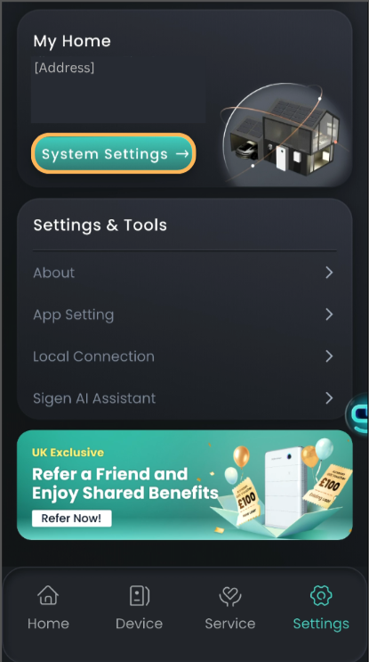 Sigenergy app Settings screen with System Settings highlighted