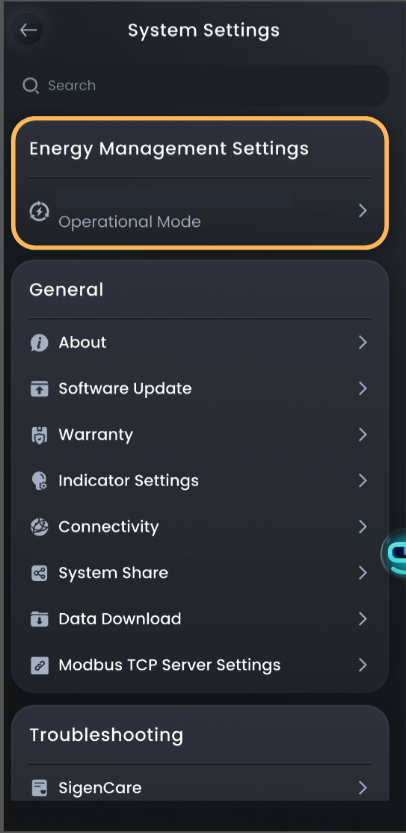 Sigenergy System Settings screen with Operational Mode highlighted
