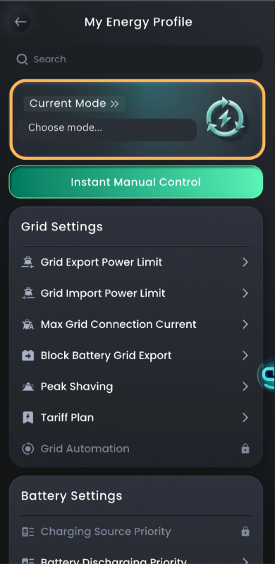 Sigenergy My Energy Profile screen with Current Mode highlighted