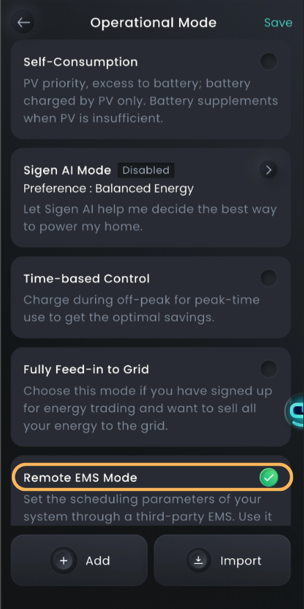 Sigenergy Operational Mode screen with Remote EMS Mode selected
