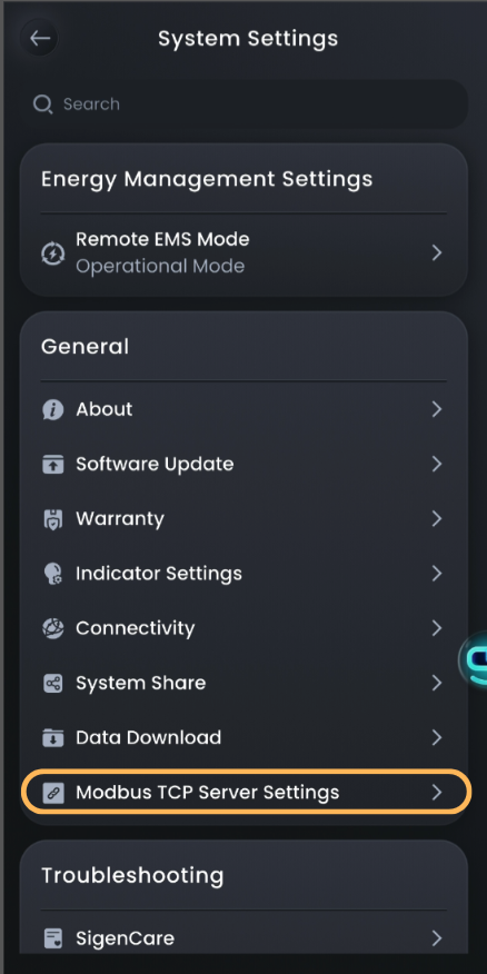 Sigenergy System Settings screen with Modbus TCP Server Settings highlighted