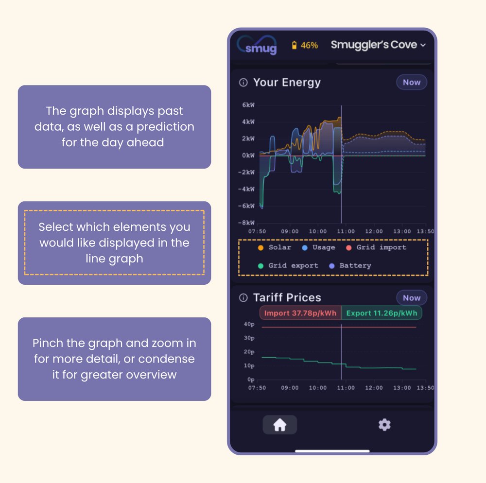 The Your Energy graph displays past data as well as a prediction for the day ahead. Select which elements you&rsquo;d like displayed in the line graph, and pinch the graph to zoom in for more detail or condense it for a greater overview.